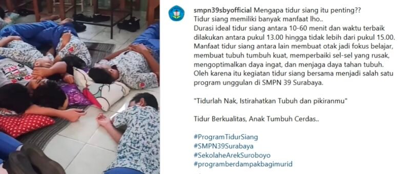 SMPN 39 Surabaya uji coba program tidur siang bagi siswa untuk meningkatkan fokus belajar. | instagram.com/smpn39sbyofficial