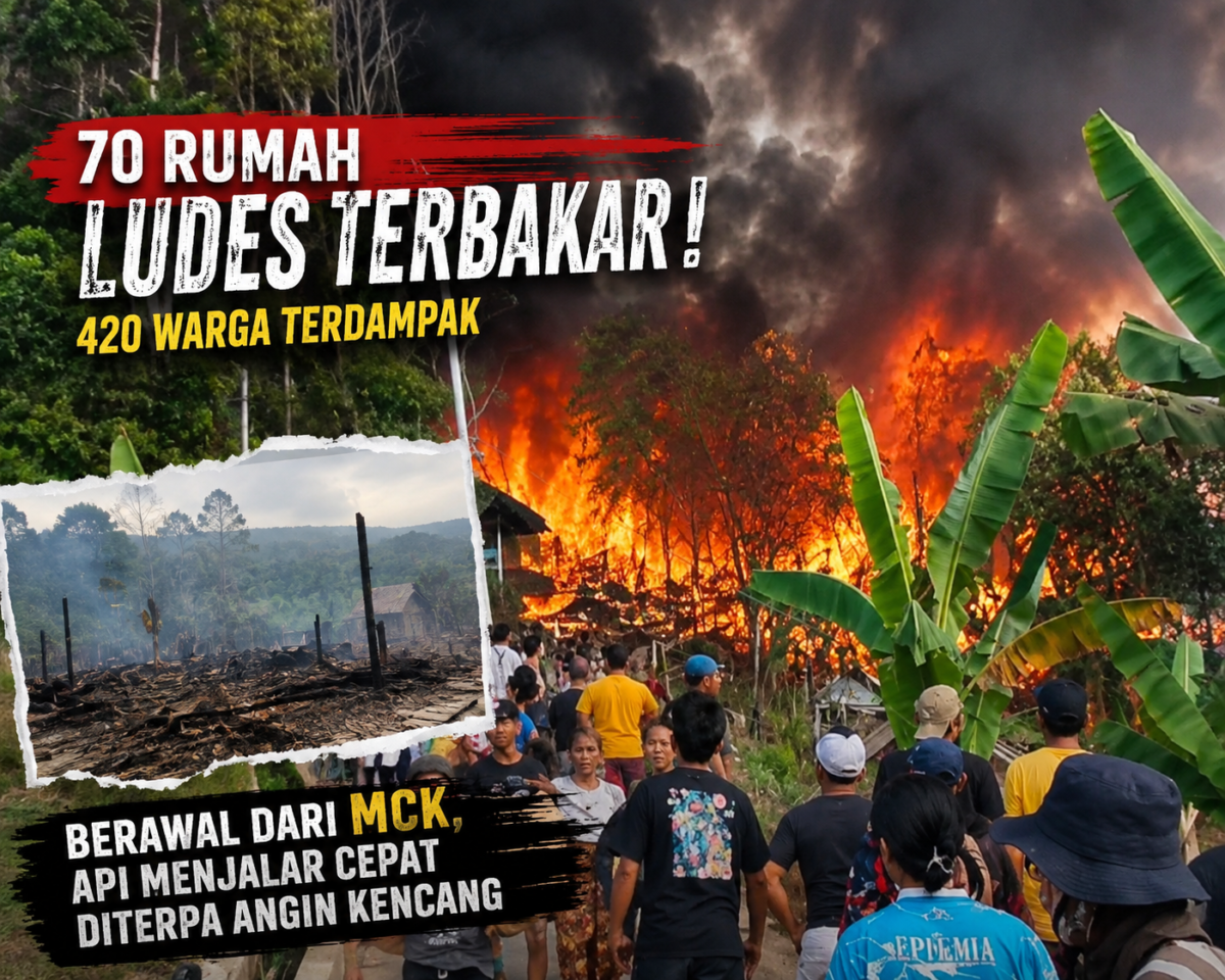 70 rumah di Kampung Adat Kasepuhan Cipta Mulya hangus terbakar, 420 warga terdampak. | Gambar: Ilustrasi AI