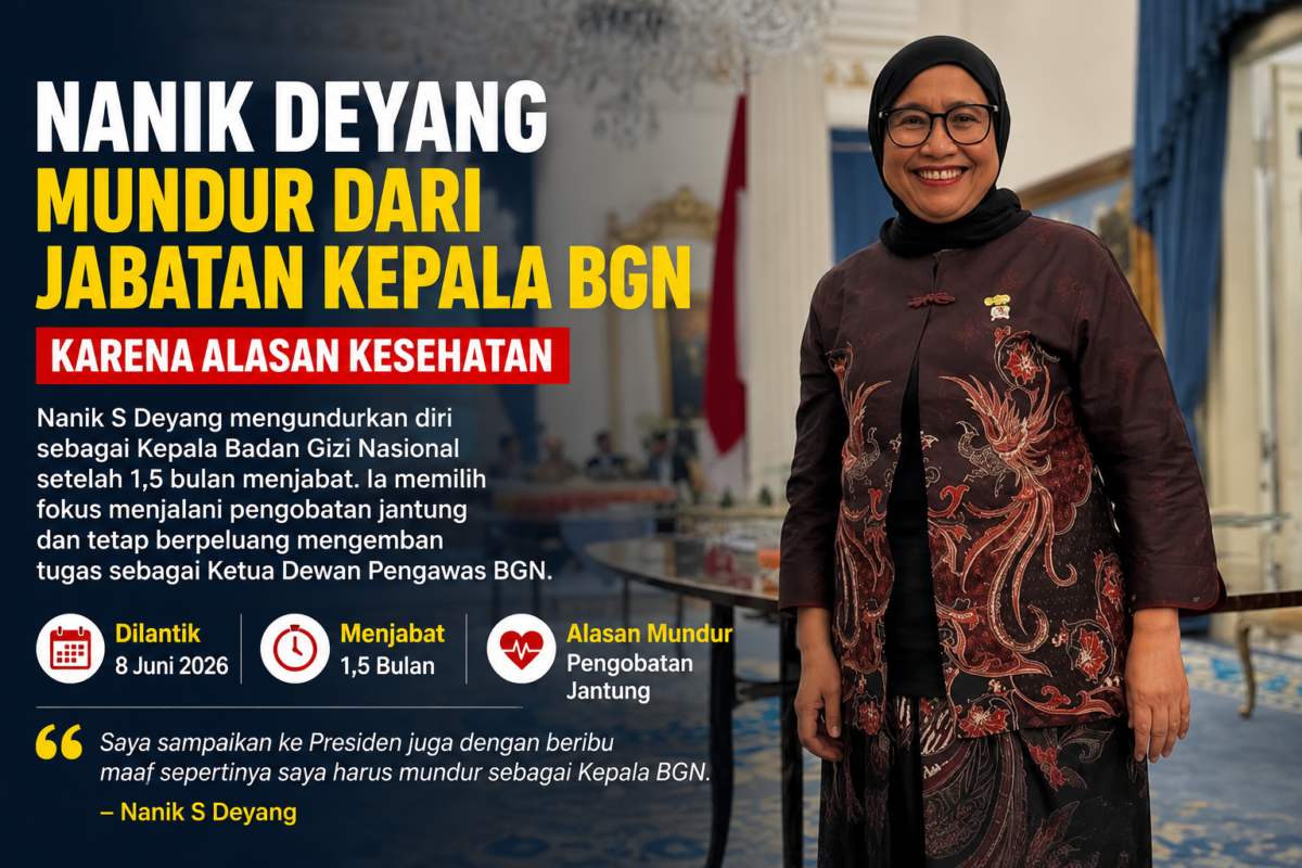 Nanik Deyang mundur dari jabatan Kepala BGN demi menjalani pengobatan jantung.
